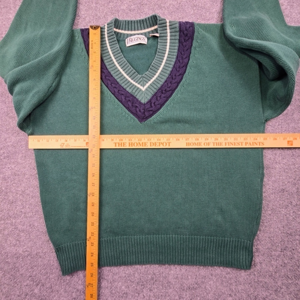 VTG- J. Riggings Men's Green Cable Knit V-Neck Sweater Cricket Preppy Grandpa L - Picture 8 of 8